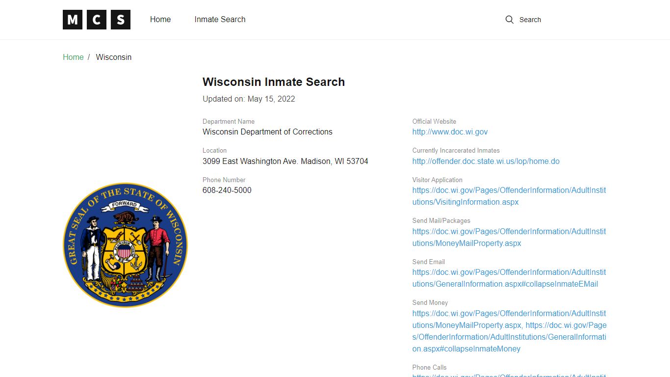 Wisconsin Inmate Search – Wisconsin Department of Corrections Offender ...